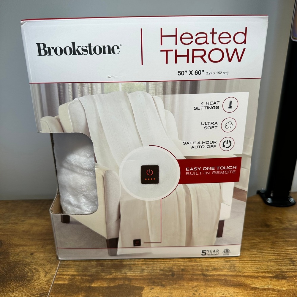 Brookstone Heated Throw Blanket 50x60 Cream White 4 Heat Settings Auto-Off